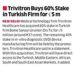 Trivitron buys 60% stake in Turkish Firm