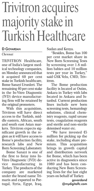 Trivitron acquires majority stake in Turkish Healthcare