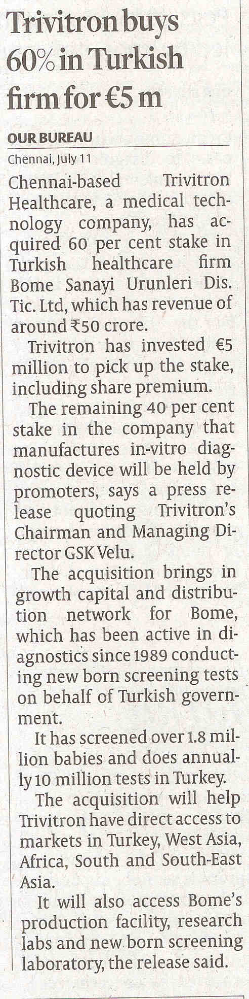 Trivitron buys 60% in Turkish Firm - Our Bureau