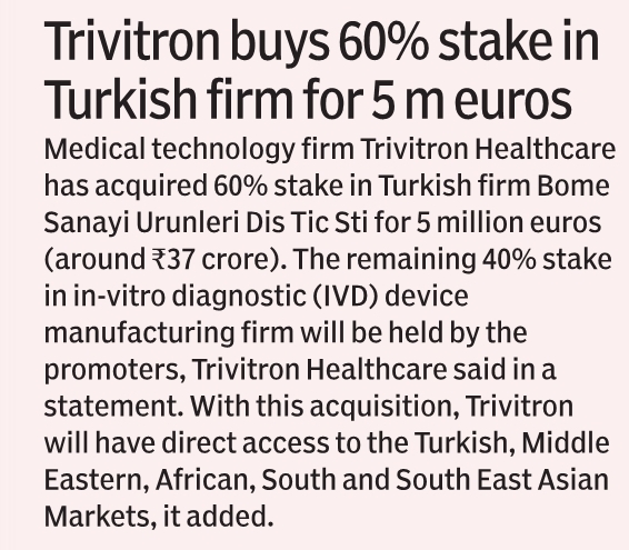 Trivitron buys 60% stake in Turkish firm for five million euros
