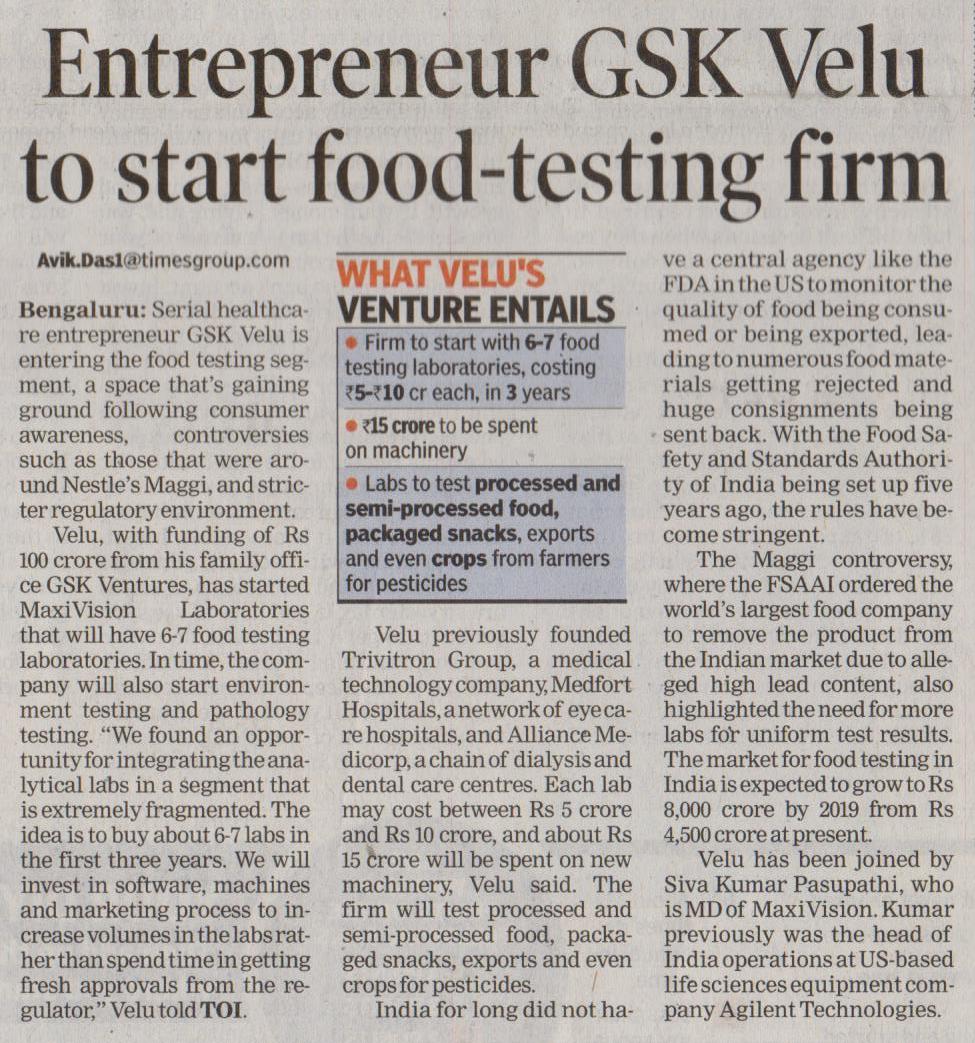 Entrepreneur GSK Velu to start food testing firm