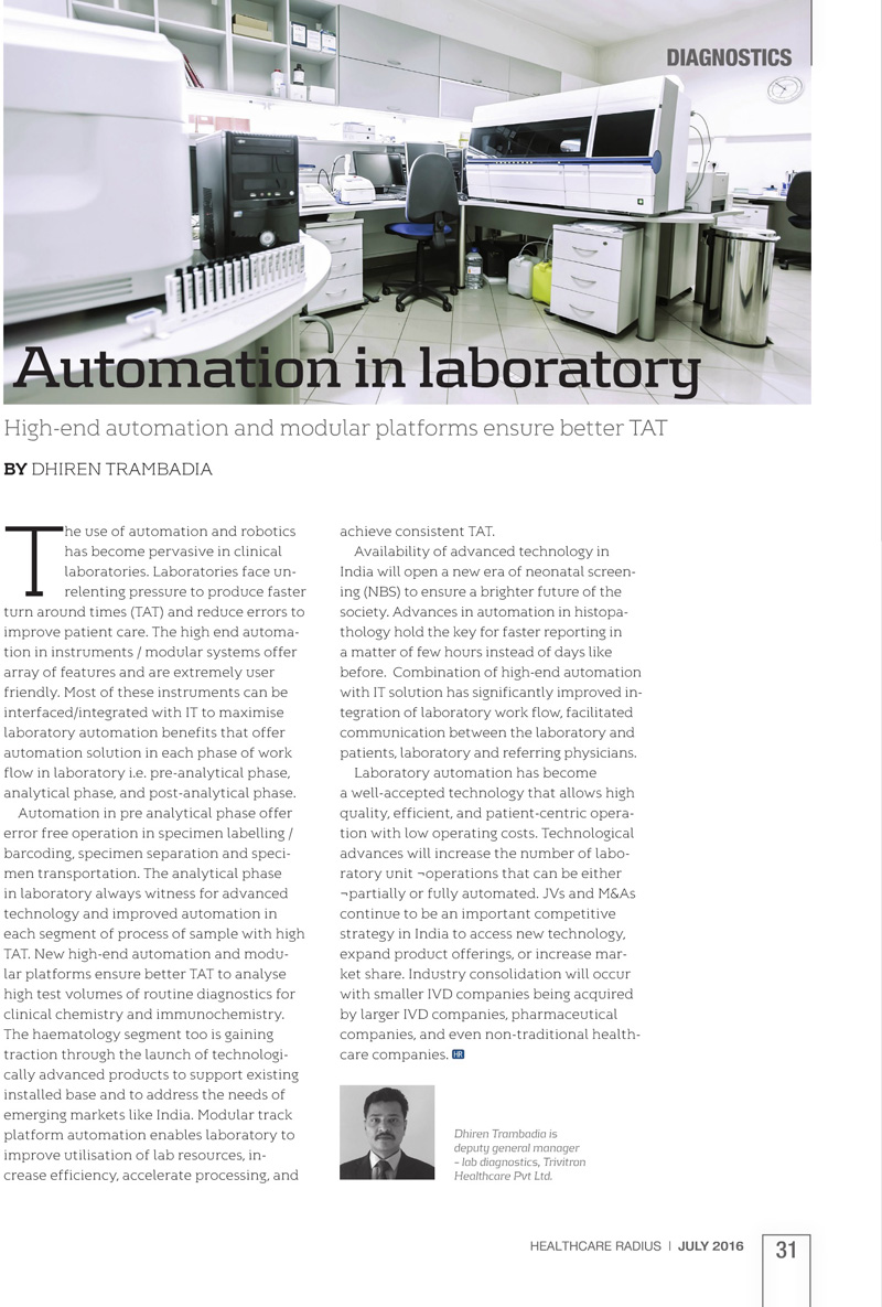 Automation in Laboratory : High End Automation and Modular Platforms ensure better TAT By Dhiren Trambadia