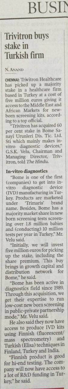 Trivitron buys stake in Turkish Firm - Business Corner