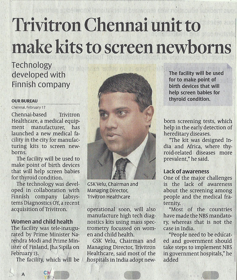 Trivitron chennai unit to make kits to screen newborns