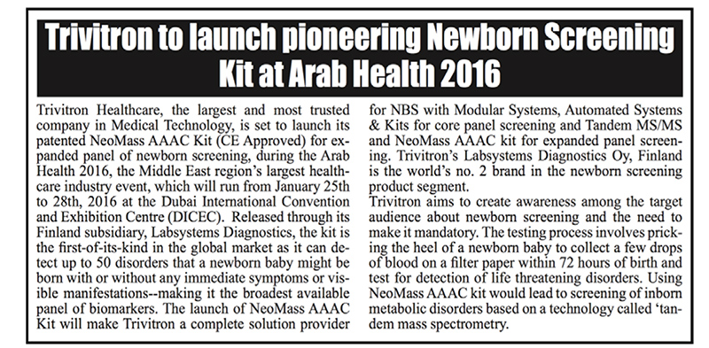 Trivitron to launch pioneering Newborn Screening kit at Arab Health 2016
