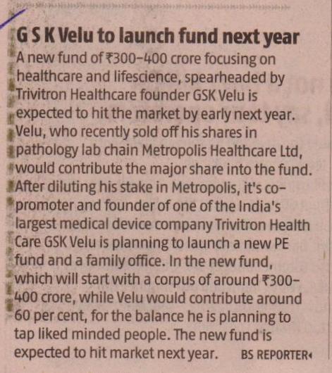 GSK Velu to launch fund next year - BS Reporter