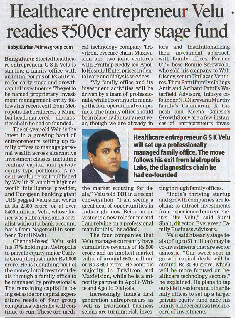 GSK Velu Entrepreneur Velu readies five hundred crore early stage fund