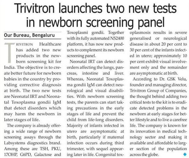Trivitron launches two new tests in newborn screening panel - Our Bureau