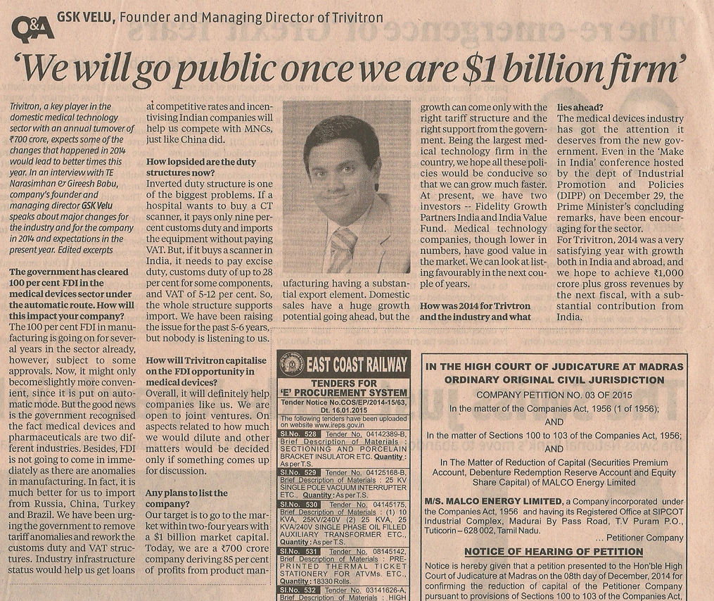 "We will go public once we are one billion dollar firm"- GSK Velu Founder and Managing Director of Trivitron
