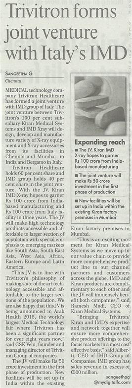 Trivitron forms joint venture with Italy's IMD