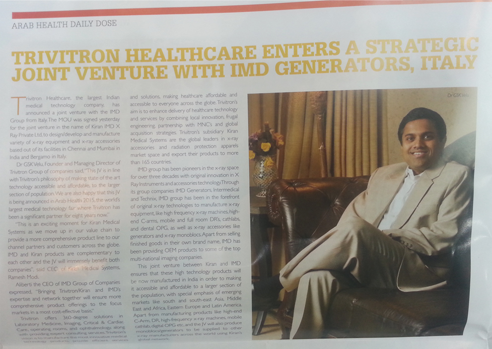 Trivitron enters a strategic joint venture with IMD Generations,Italy - Arab Health Daily Dose