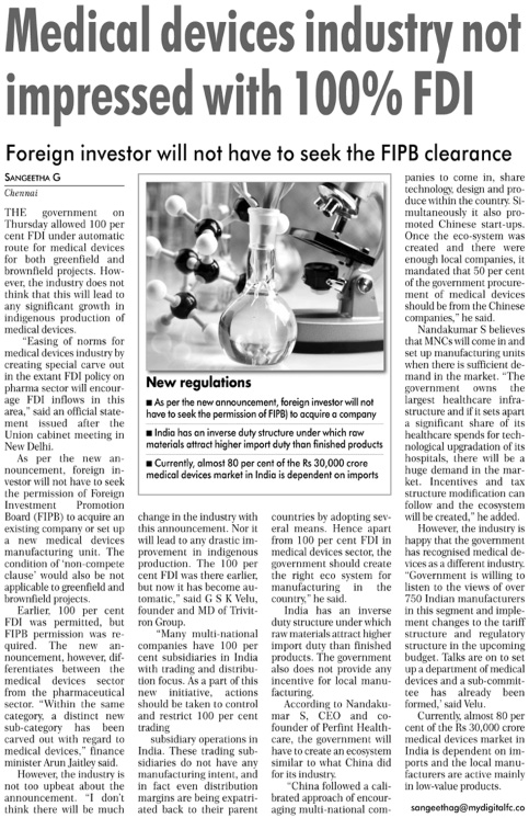 Medical devices industry not impressed with 100% FDI