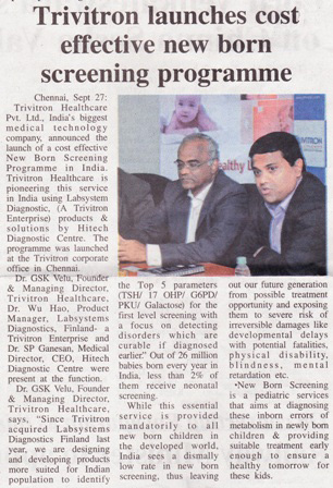 Trivitron launches cost effective newborn screening programme