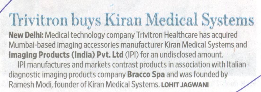 Trivitron buys kiran medical systems