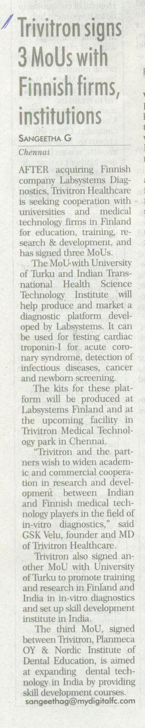 Trivitron signs 3 MoUs with finnish firms,institutions