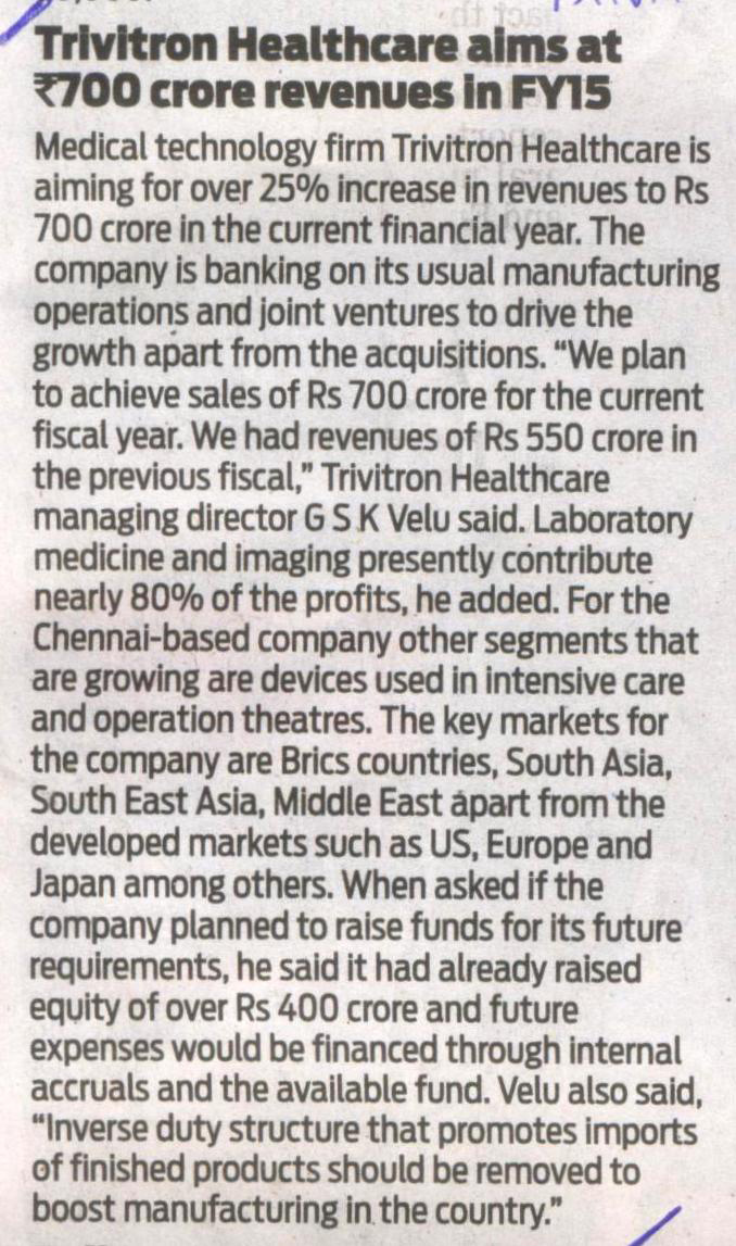 Trivitron Healthcare aims at 700 crore revenues in FY15