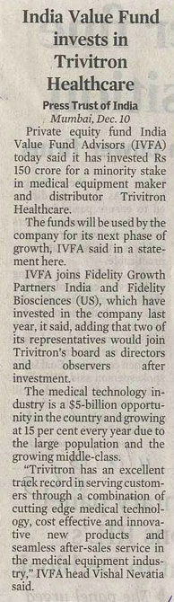 India Value Fund invests in Trivitron Healthcare - Press Trust of India