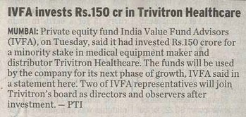 IVFA invests Rs.150 Crore in Trivitron Healthcare