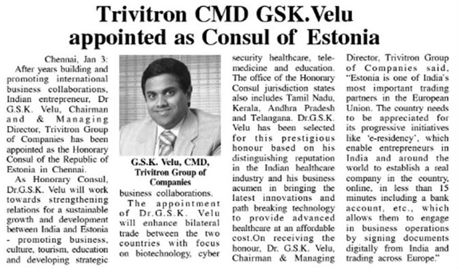 Trivitron CMD GSK Velu appointed as Consul of Estonia