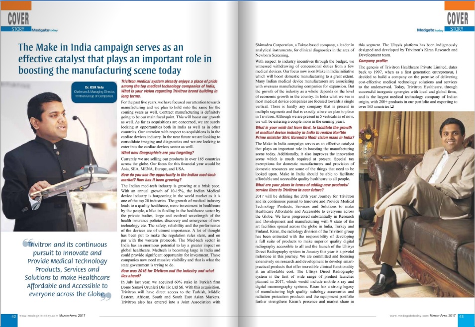 Dr. GSK Velu is acknowledged among ‘Top MedTech Leaders of the Country – 2017’