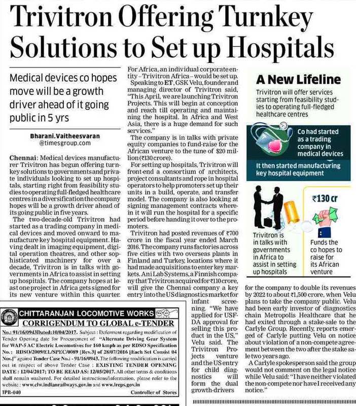 Trivitron Offering Turnkey Solutions to Set up Hospitals