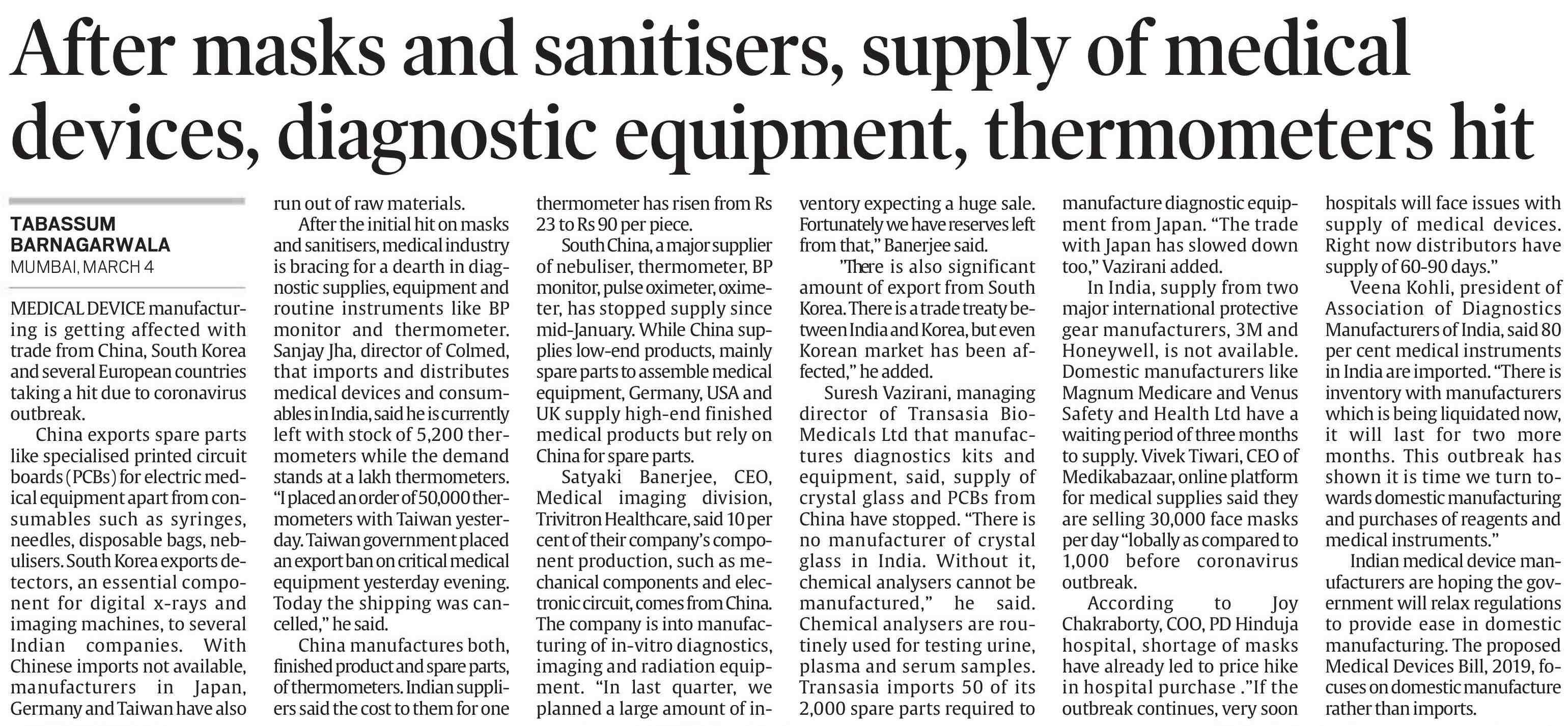 After masks and sanitisers , supply of medical devices ,diagnostic equipment thermometers hit