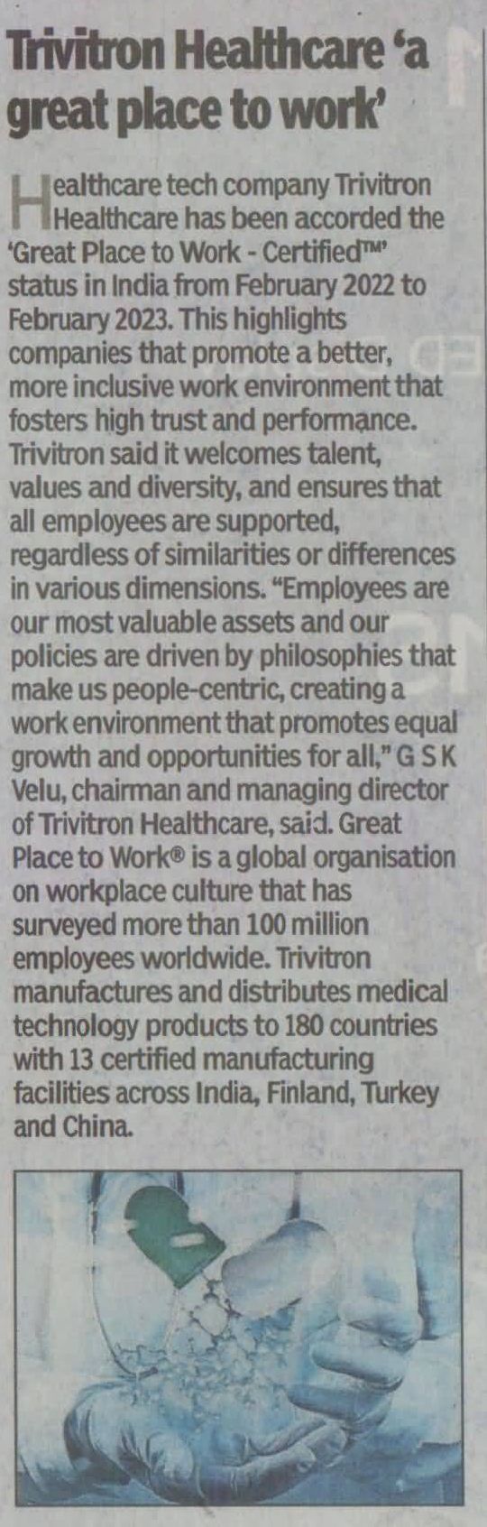 Trivitron Healthcare 'a great place to work'