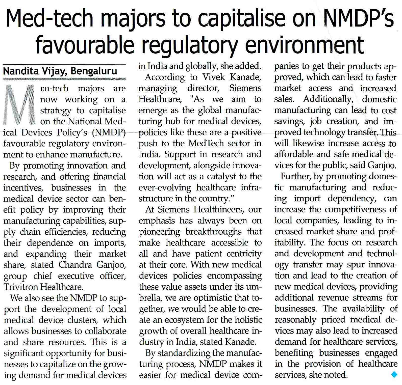 Med-tech majors to capitalise on NMDP's favourable regulatory environment