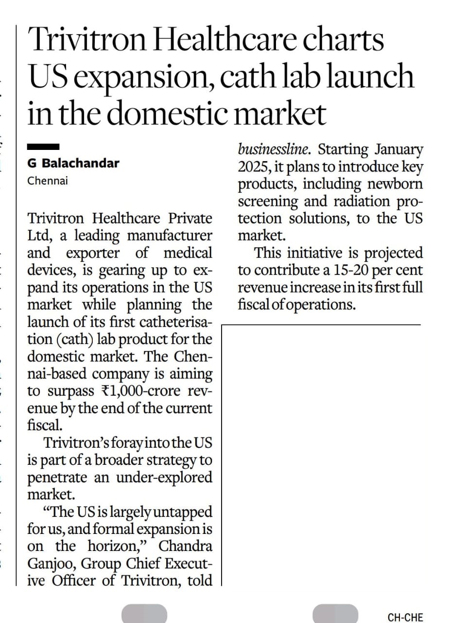Trivitron Healthcare charts US expansion, cath lab launch in the domestic market