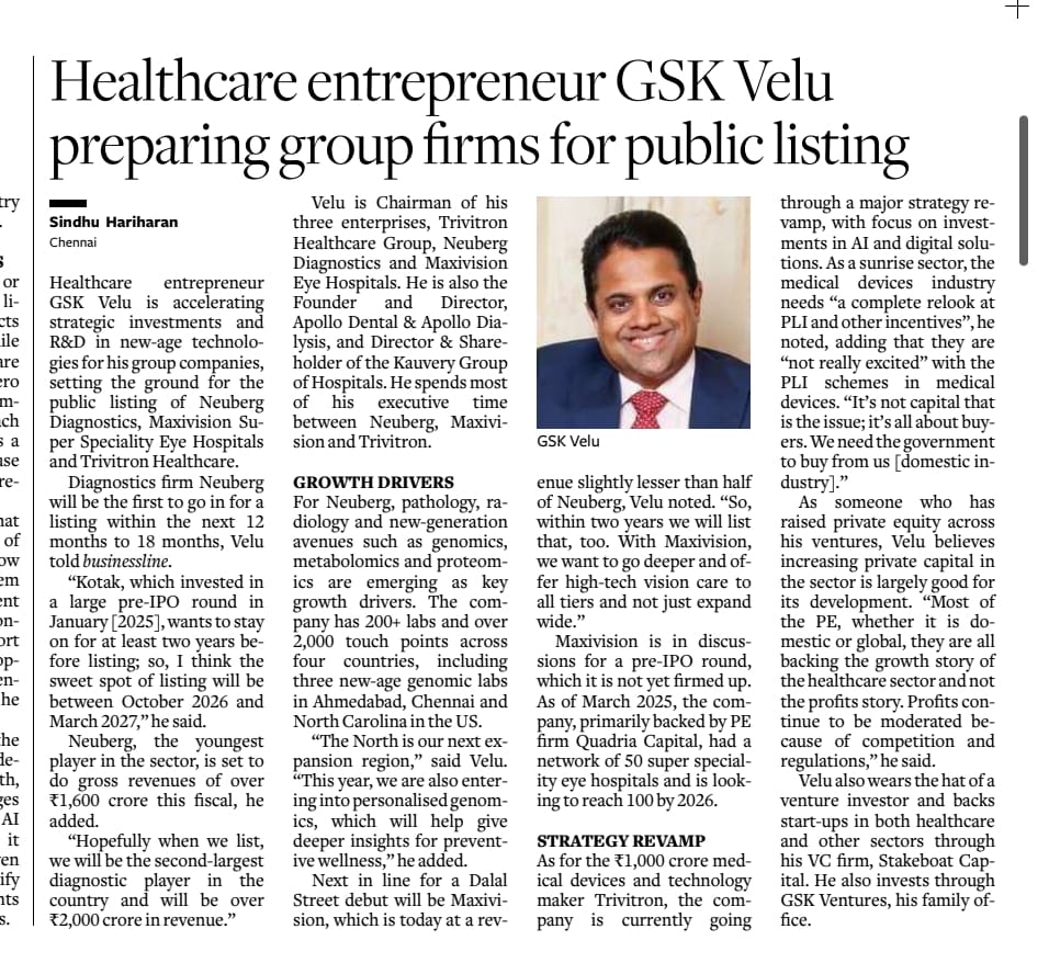Healthcare entrepreneur GSK Velu preparing group firms for public listing